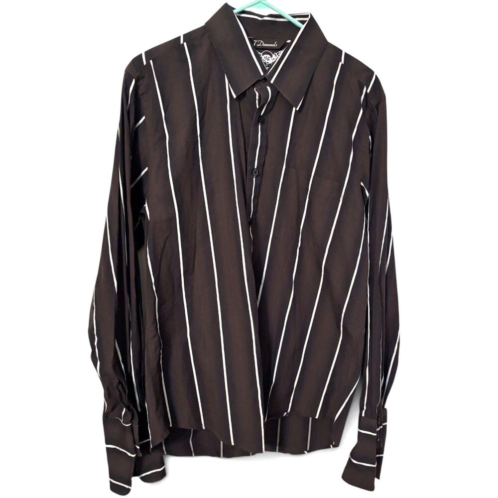 7 Diamonds Brown Gray Black White Striped Button Up Shirt XL